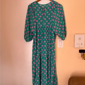 Green Floral Tie-Neck Maxi Dress with Pink Rose Print